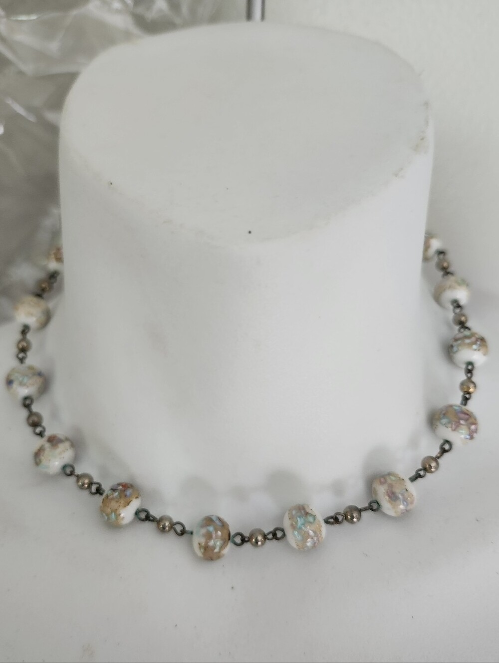 Handmade White Marbled Multicolor Italian Art Glass Bead Necklace